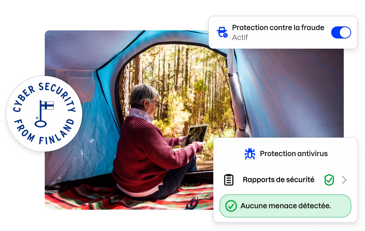 Un badge « Cybersécurité depuis la Finlande » et des fragments de l’interface utilisateur de l’application Total entourant l’image d’une femme regardant une tablette à l’intérieur d’une tente.