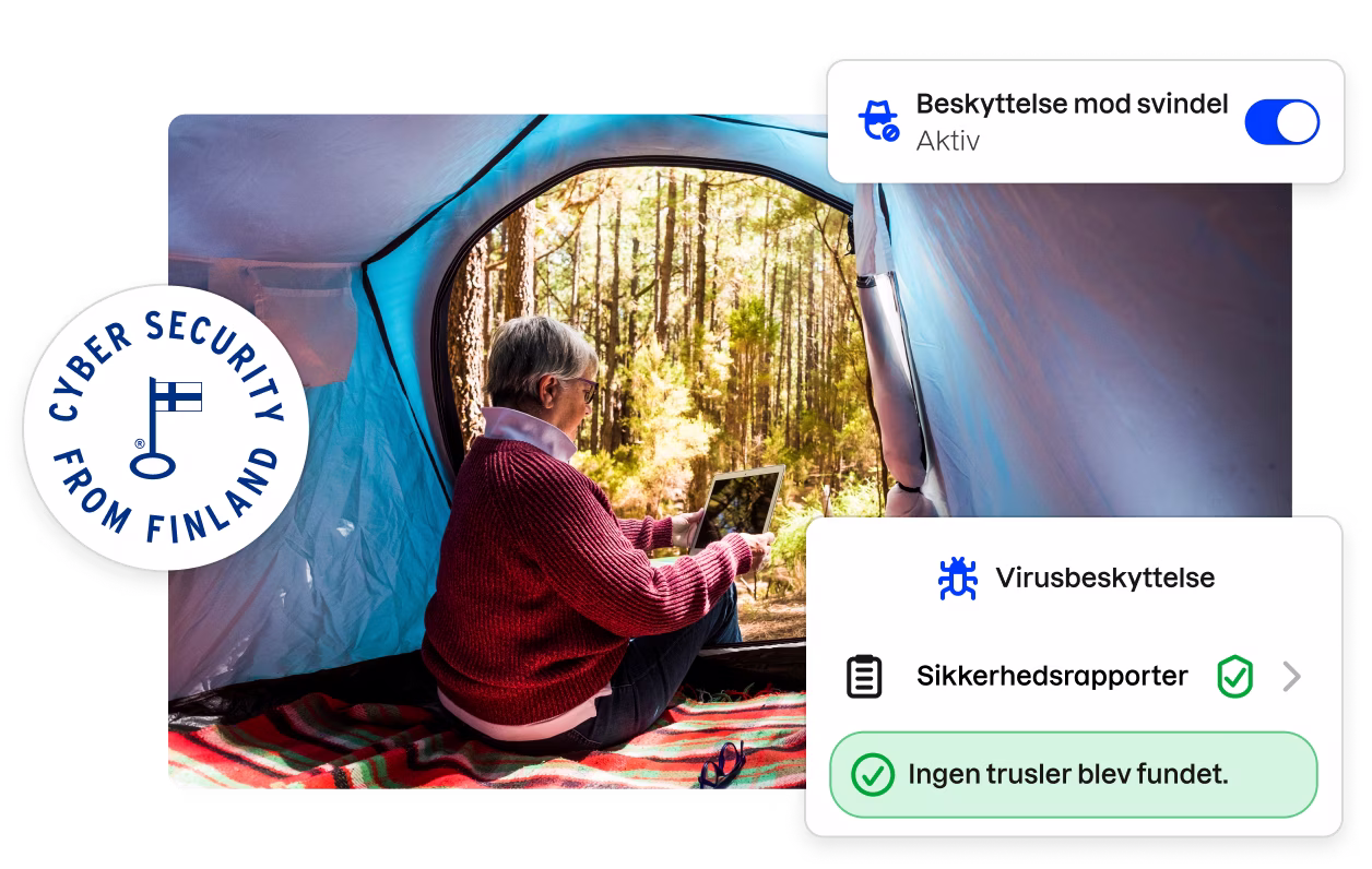 Et »Cybersikkerhed fra Finland«-badge og fragmenter af Total-appens brugergrænseflade omkranser et billede af en kvinde, der ser på en tablet inde i et telt.