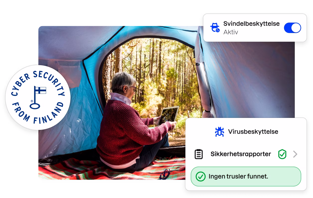 Et «Cybersikkerhet fra Finland»-merke og fragmenter av Total-appens brukergrensesnitt som omgir et bilde av en kvinne som ser på en nettbrett inne i et telt.