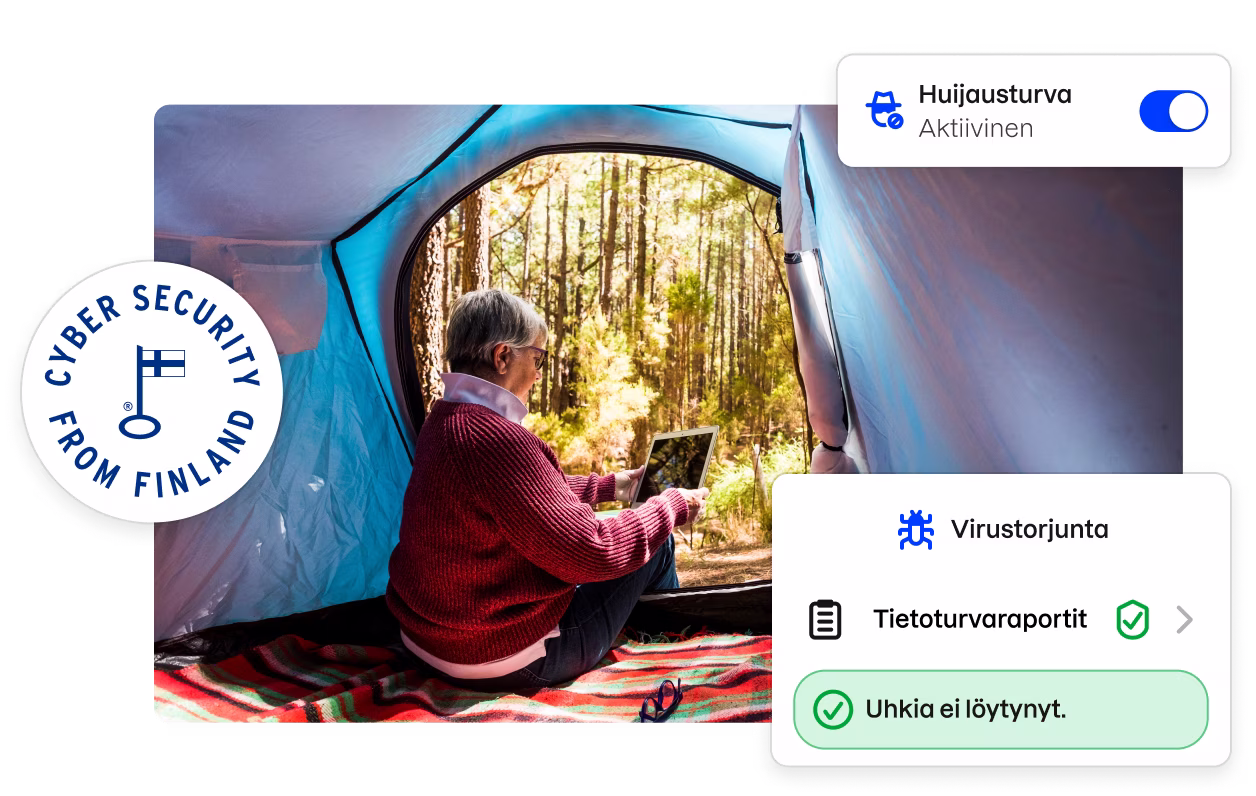 ”Cyber security from Finland” -merkki ja osia Total-sovelluksen käyttöliittymästä reunustamassa kuvaa naisesta, joka katselee teltassa tablettia.
