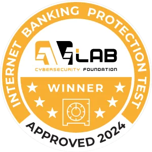 AVLab’s “Internet Banking Protection Test Winner” logo, granted to F-Secure Total in 2024.