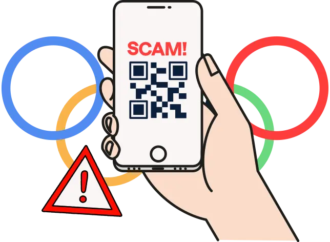 Illustration of a hand holding a phone with a QR code that says 'Scam!' above it, with the Olympics logo in the background