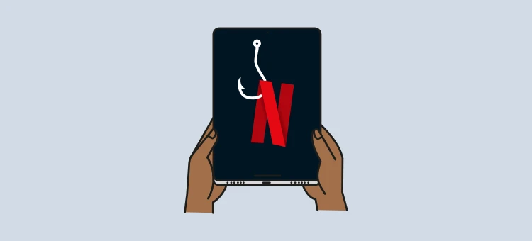 Illustration demonstrating Netflix scams: the Netflix logo with a phishing hook in it.