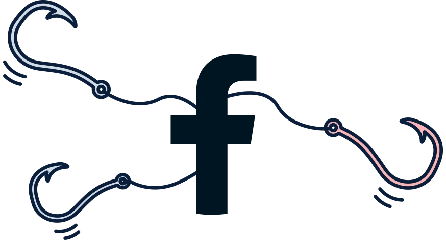 Illustration of the Facebook logo with phishing hooks coming out of it, symbolizing Facebook Messenger scams.